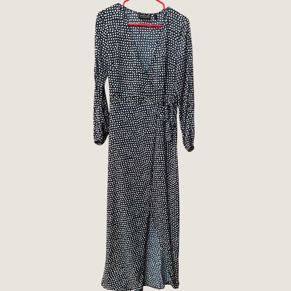 The Fifth Label Wrap Maxi Dress XS Navy Blue Polka Dot Long Sleeve V-Neck Chic